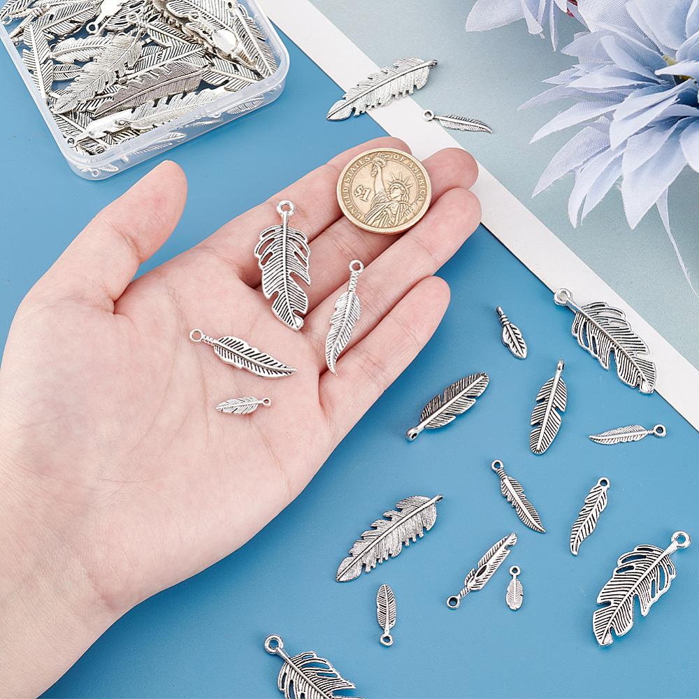 84pcs 14 Style Tibetan Style Alloy Pendants Feather Charm Cadmium Free & Lead Free Antique Silver 12~40x4~15.8x1~3.5mm Hole: 1~2mm 6pcs/style