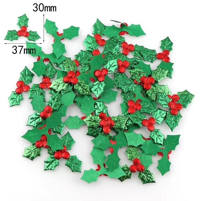 

100 шт., украшения для стола, ягоды и листья падуба, аппликации для рождественского украшения, самоклеящиеся, лазерные, зеленого цвета B