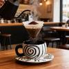 American retro black and white striped hand-painted ceramic coffee cups and saucers, high-value latte cups, niche design cups