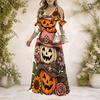 Women Plus Size V Neck Cold Shoulder Short Sleeve Halloween Pumpkin Floral Print Long Dress