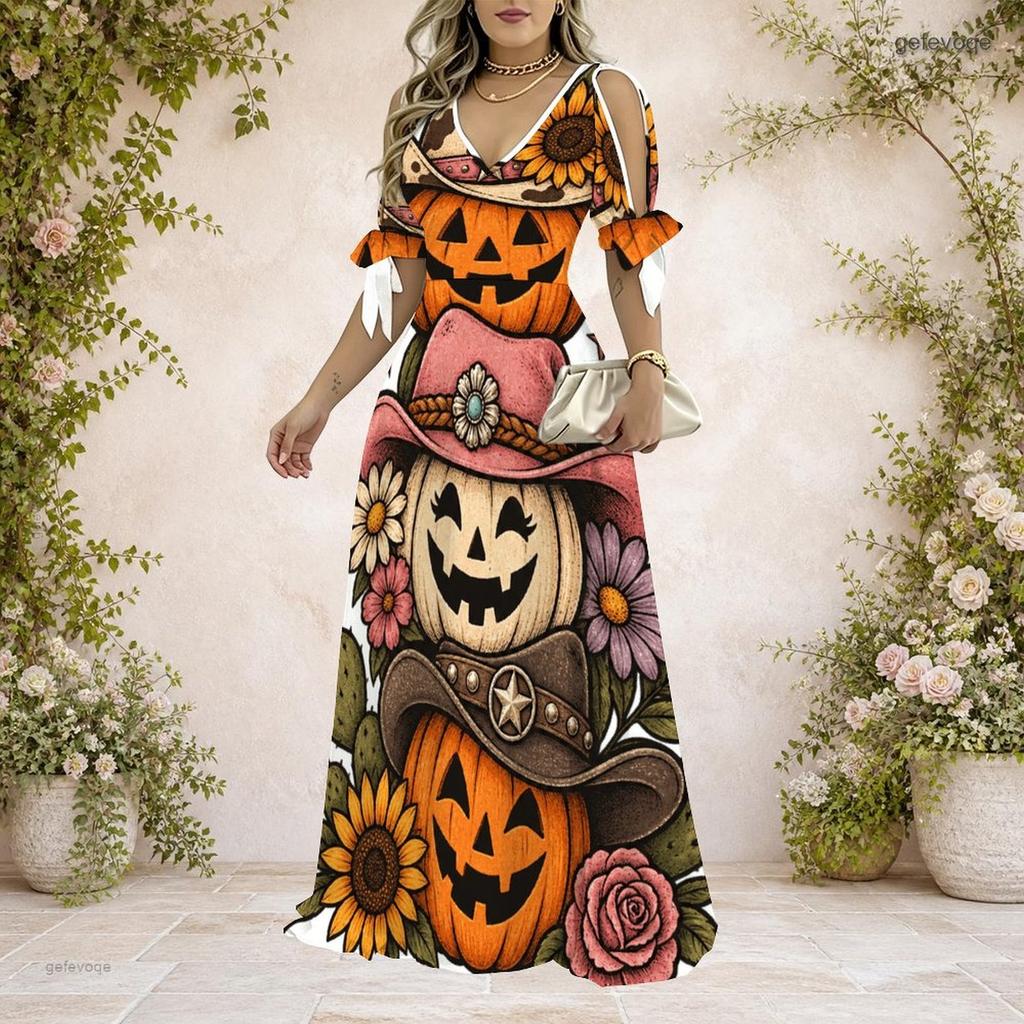 Women Plus Size V Neck Cold Shoulder Short Sleeve Halloween Pumpkin Floral Print Long Dress