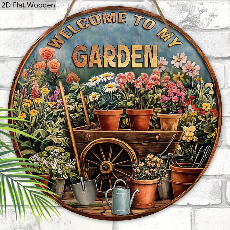 Vintage Wooden Welcome Sign with Garden Bonsai Pattern - Unique Round Sign for Front Door, Wall, Porch Hanging Decor - Ideal Home Hanging Ornament