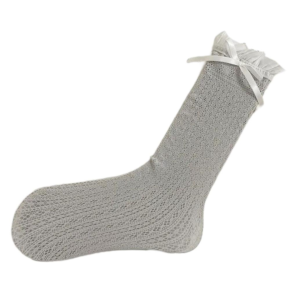 Student Elegant Hollowed Out Lace Ruffle Frilly Socks Women Japanese Style Middle Tube Calf Socks with Ribbon Bowknot