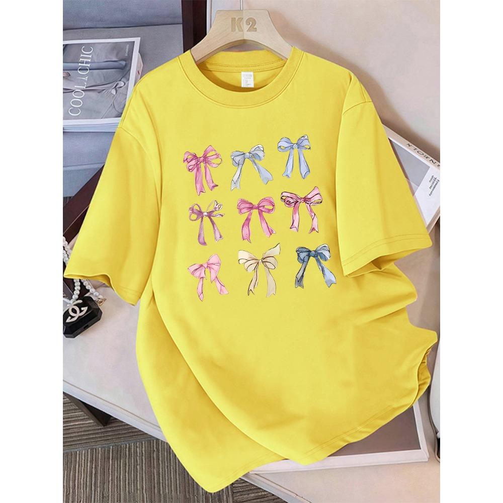 Summer T-shirt Women's Colorful Bow Printed Short Sleeve Comfortable Soft Round Neck Top Holiday Casual Women's Clothing