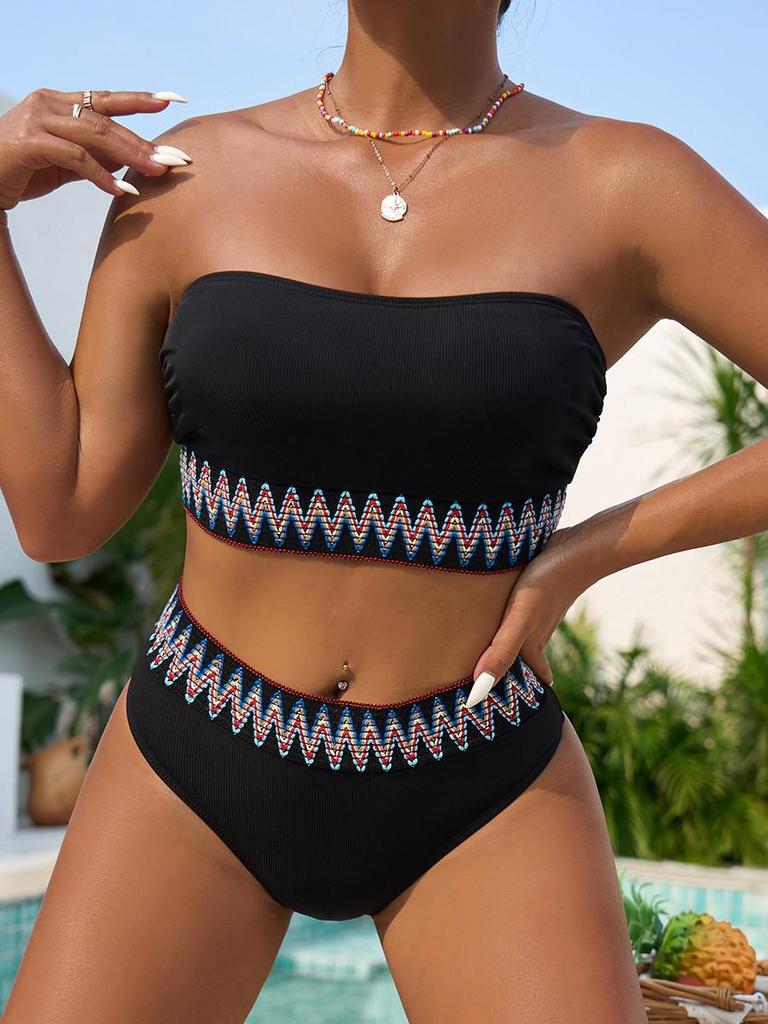 European & American Style High-Waisted Strapless Bikini Set - Fashionable Slimming Swimwear for Women