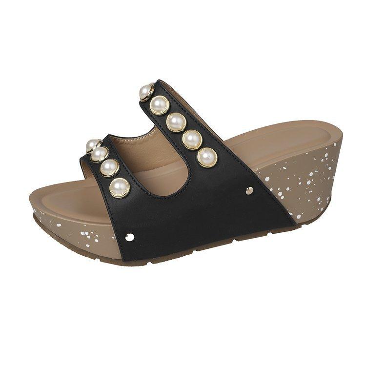 

Женские тапочки Жемчужные декоративные сандалии Повседневные сандалии на высоком каблуке для женщин Тапочки на танкетке Нескользящая платформа Сандалии 43 чёрный
