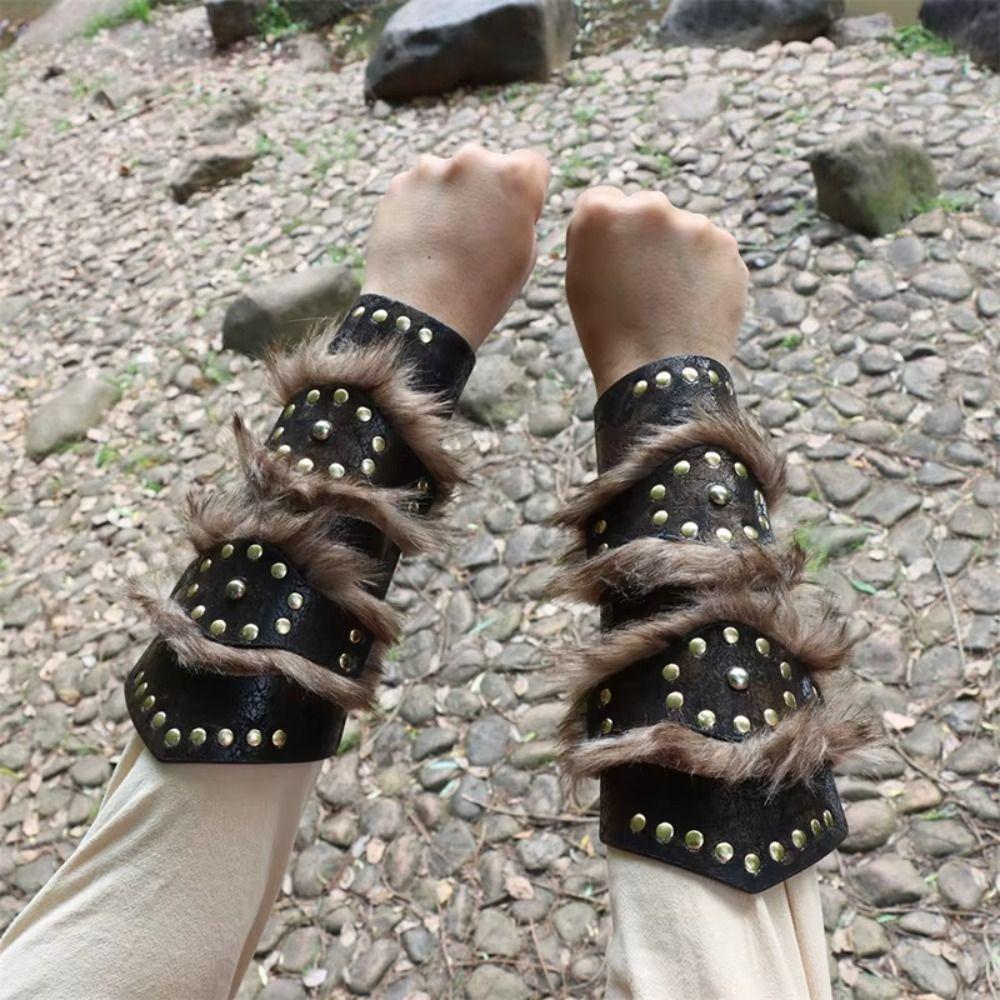 Three-Strap Viking Wrist Guards Faux Leather Faux Fur Wrist Guard  Knight Costume