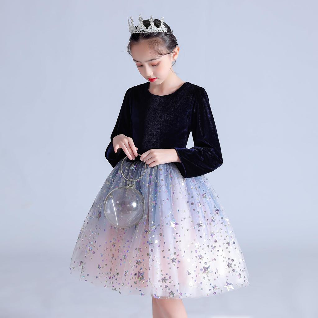 Weileenice Navy Recital Size Long Winter Formal Party Gradient Sequins Girls' Dress, 130, Sleeves, Clothes, Children's Dress, Velour, Pink, Kids,