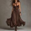Damen Spaghetti-Träger Spitze Boho Midi-Kleid Sexy V-Ausschnitt Raffung Fließend Mesh Durchsichtiges Kleid Stufenförmiger Saum Westliche Urlaubs-Partykleider
