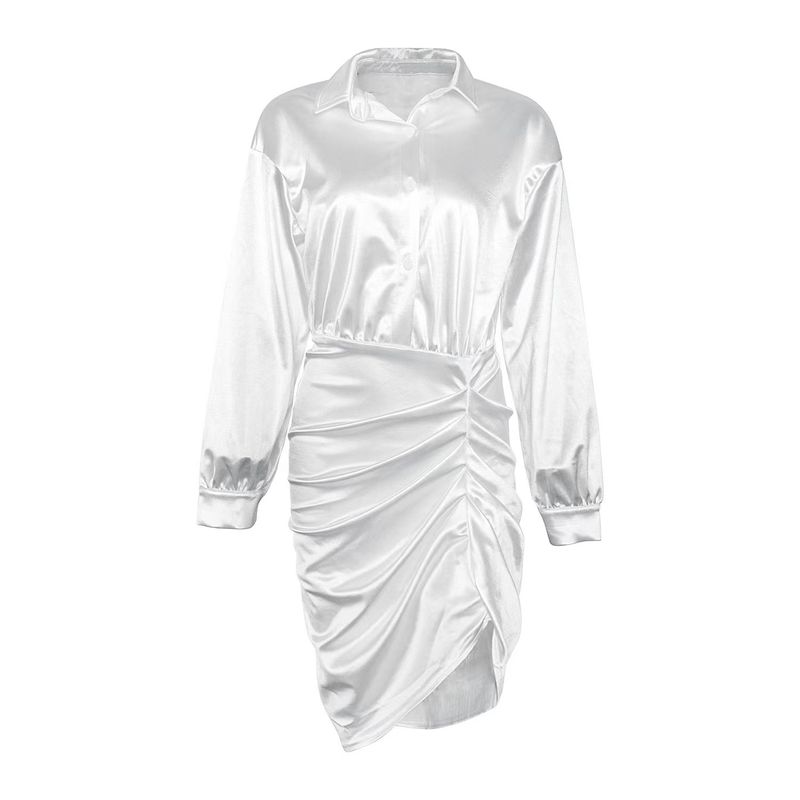 

Fashion Long Sleeves Shirt Dress Fitted Waist Pleated Single Breasted Bodycon Dress Hip Wrap Pleated Dress White L