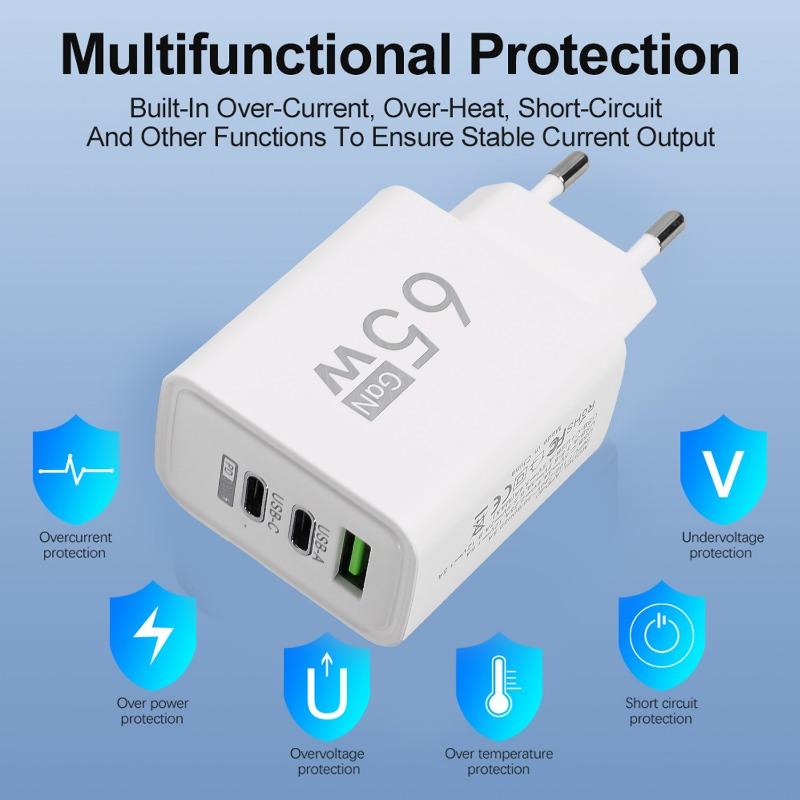 65W USB C Charger GaN Fast Charging Charger PD Quick Charge 3.0 Type C EU UK Plug Adapter for Samsung IPhone  Xiaomi Oppo