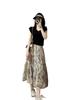 Plus Size Summer Outfit: V-neck Short-sleeve Tee & Ink Painting Skirt Set