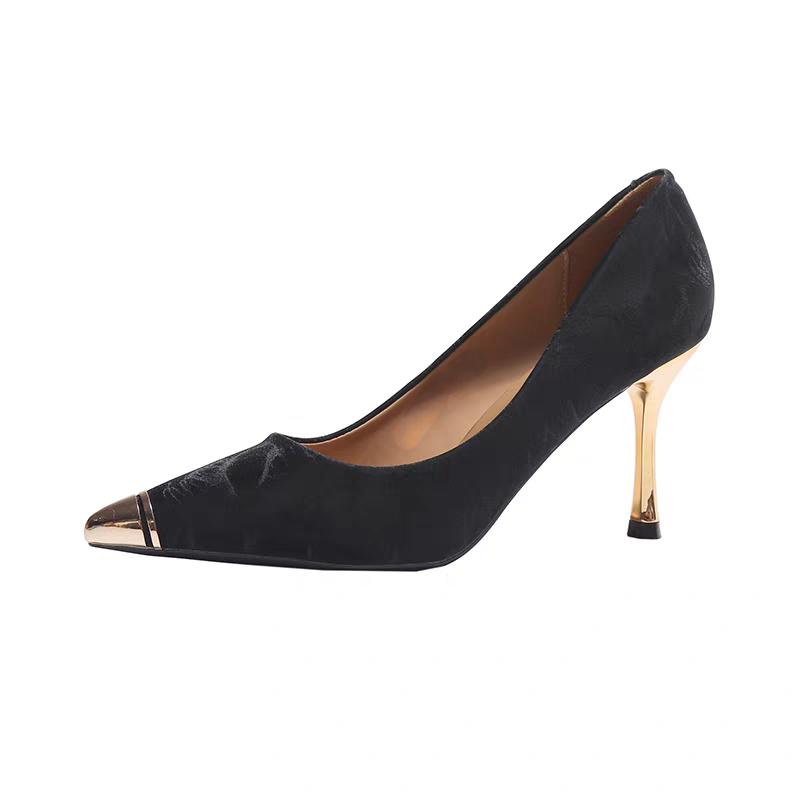Fashion Metal Toe Stiletto Single Shoes Women's Fashion Pointed Toe Shallow Suede Non-Slip Wear-Resistant High Heels
