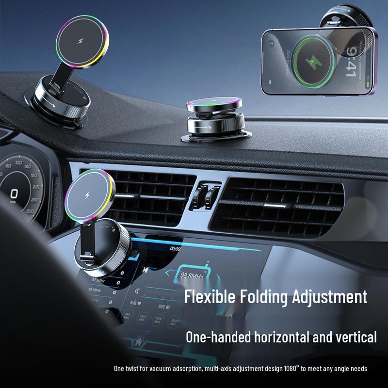 15W Fast Charging Wireless Magnetic Car Phone Holder with Rotating Atmosphere Light