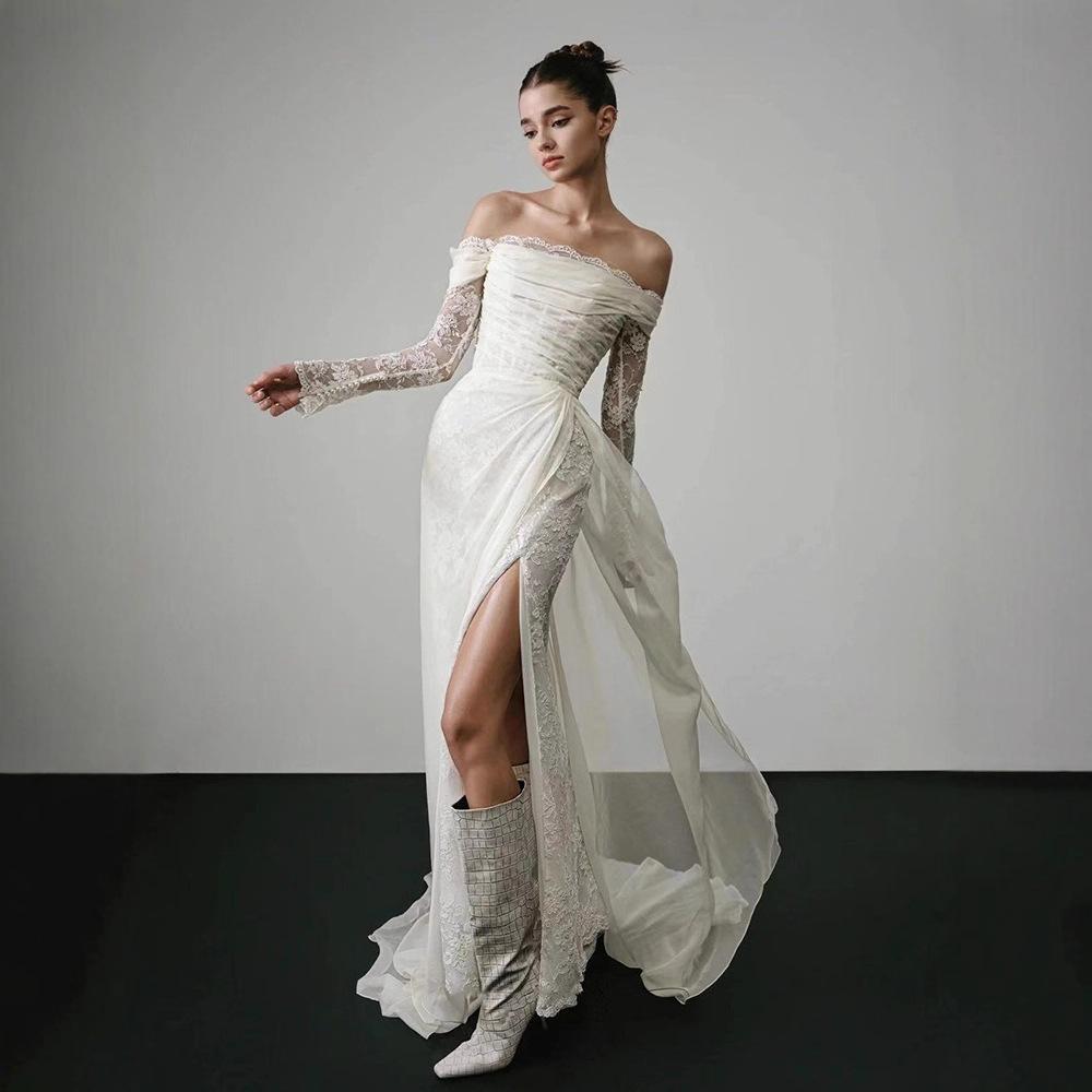 Französisches langärmeliges leichtes Spitzenhochzeitskleid Braut 1011 neues One-Shoulder Retro Mori Türgarn Fischschwanzkleid Rock