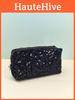 Velvet Sequin Makeup Bag With Large Capacity For Travel And Daily Use