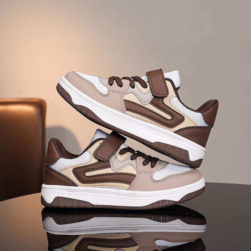 Korean Style Kids' Brown Leather Patchwork Velcro Sneakers - Casual Sports Shoes