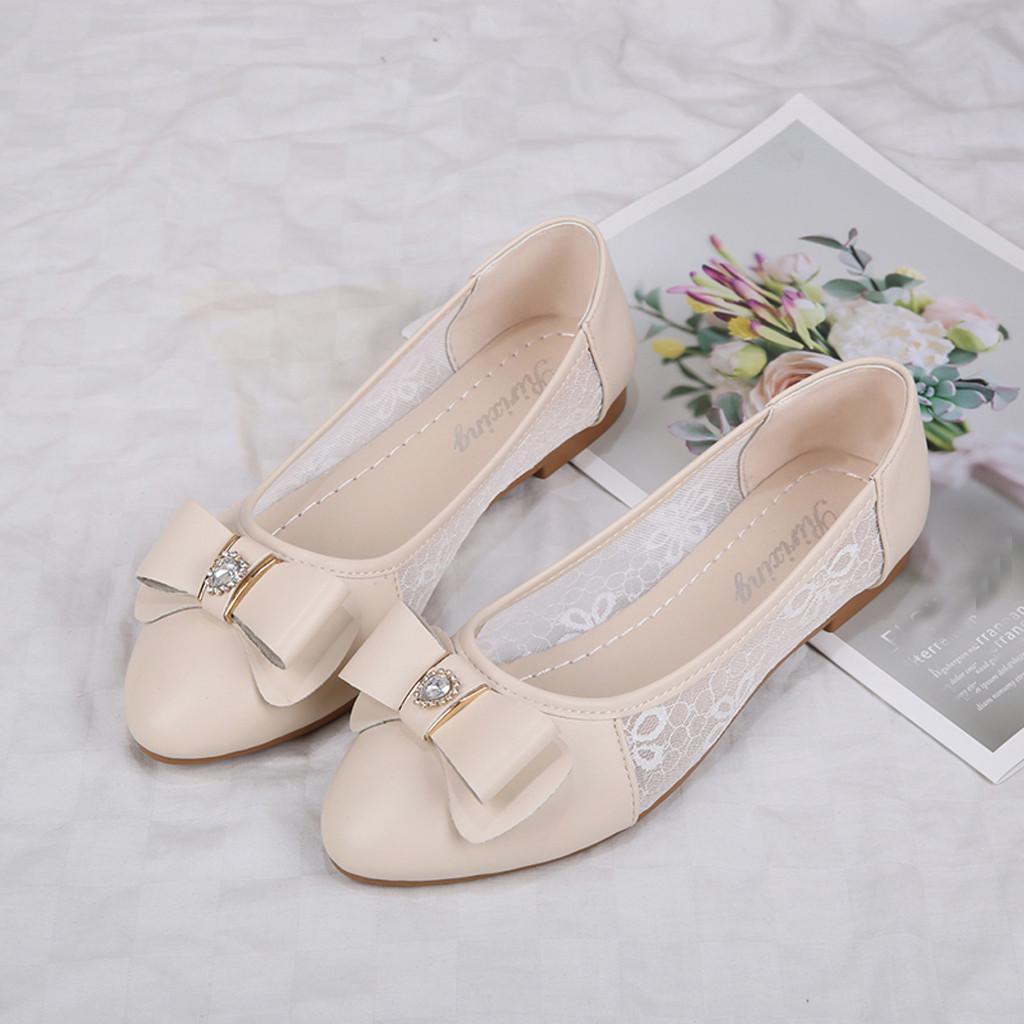 Women Ladies Pointed Toe Shallow Crystal Bowknot Casual Single Shoes