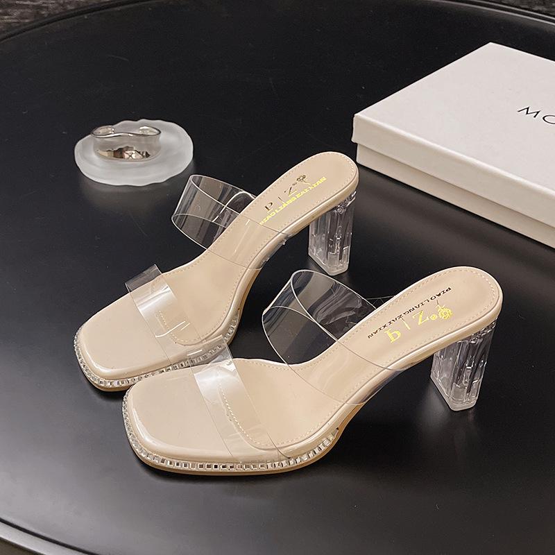 

Женские прозрачные летние босоножки на среднем каблуке со стразами 2024 36 бежевый