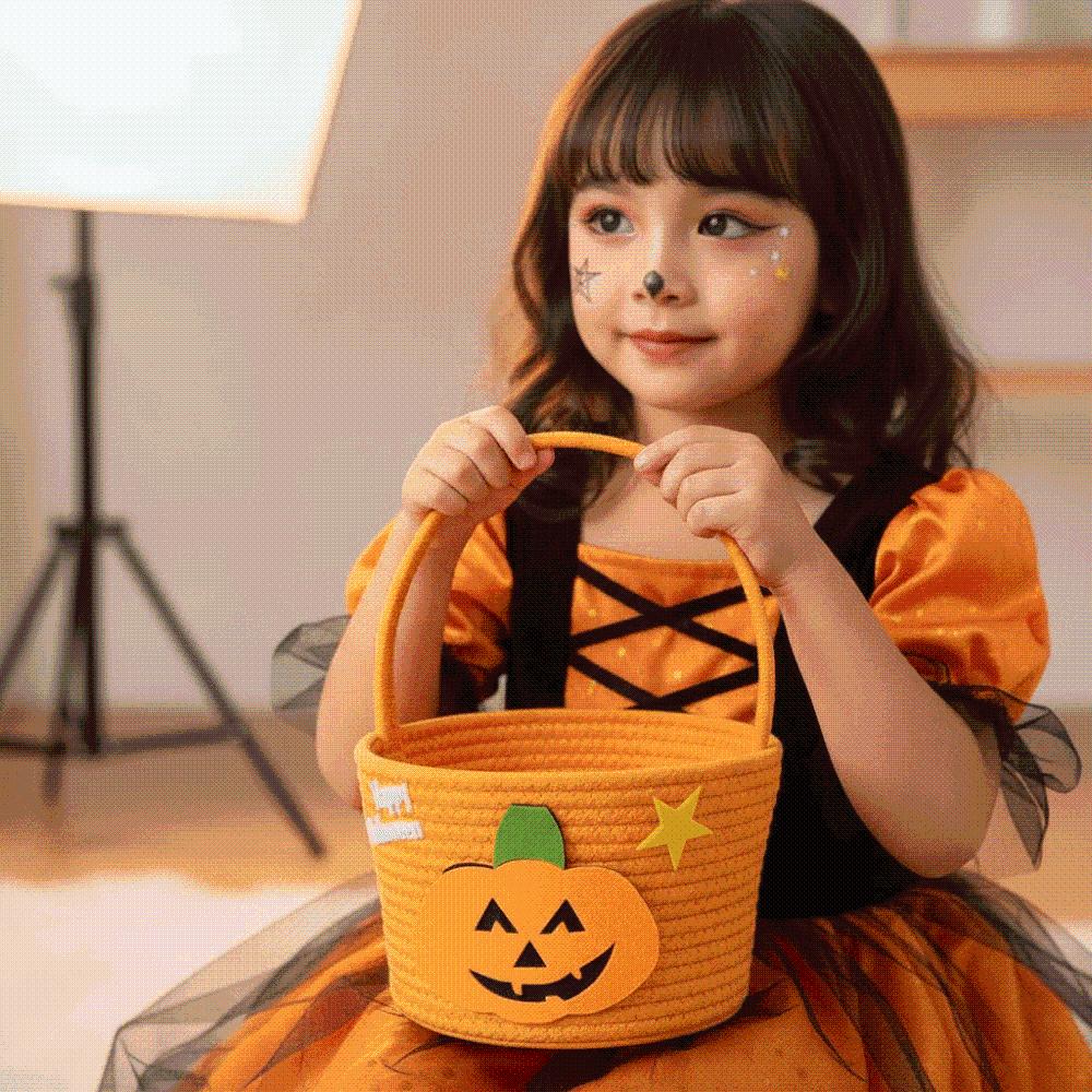 Orange Pumpkin Candy Bucket Cotton Trick Treat Tote Kids Gift Hamper Woven Storage Pouch  Teachers