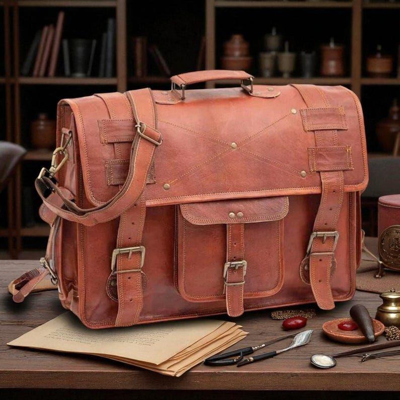 Handmade Leather Messenger Bag – Full Grain Briefcase Satchel with Multiple Compartments, Brass Hardware, Canvas Lining & Detachable Straps