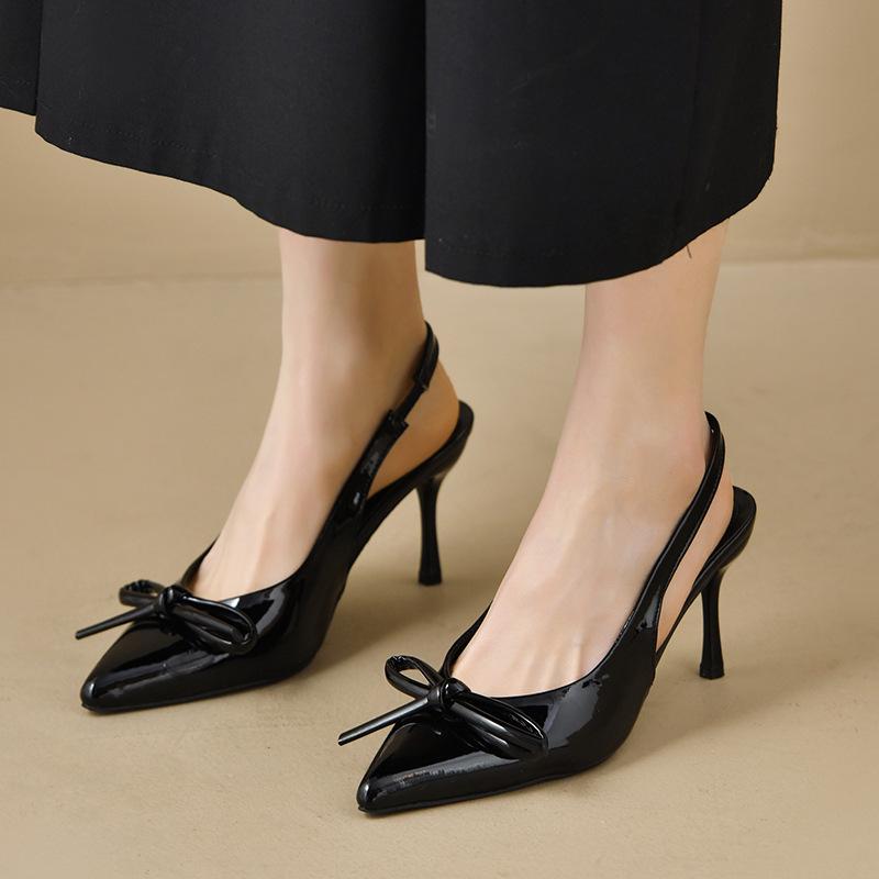 

Fashion black/red japanned leather high heels sandals women bowtie summer pumps shoes pointed toe slingback sandalias de tacón size 42 35 чёрный