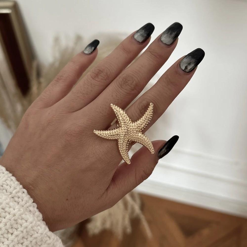 Exaggerated Starfish Ring Gold Color Flower Ring Romantic Pearl Ring Friends