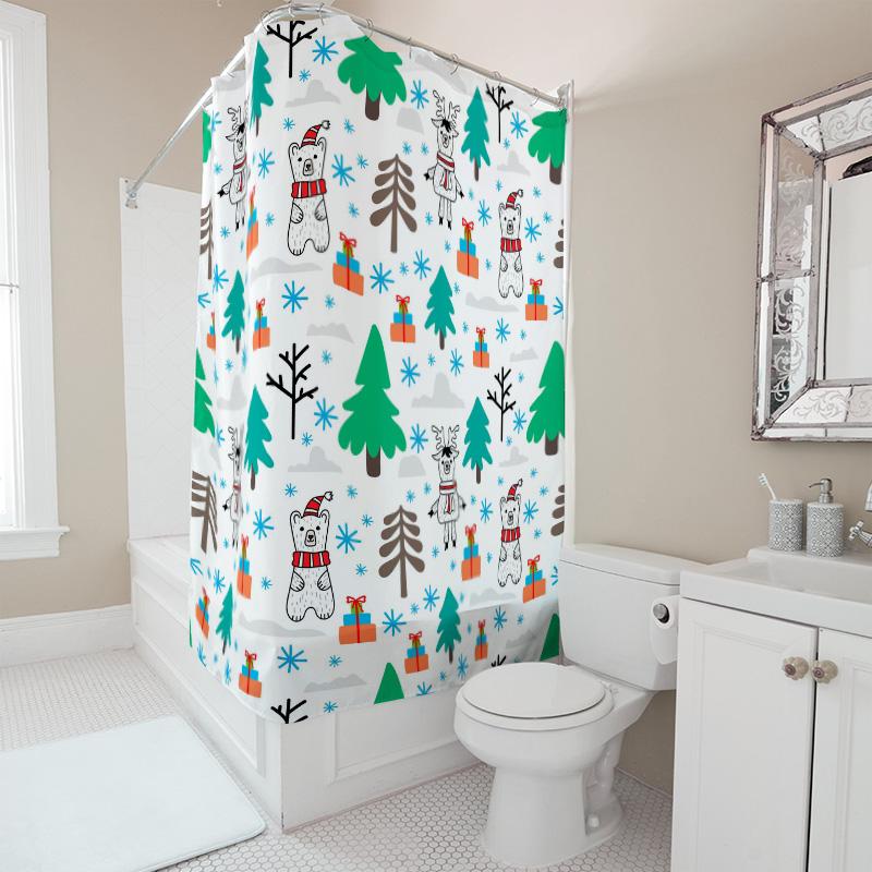 TU Festive Christmas Bear Shower Curtain Waterproof Holiday Forest Animals Cute Holiday Decor Bathroom Fabric Backdrop Christmas