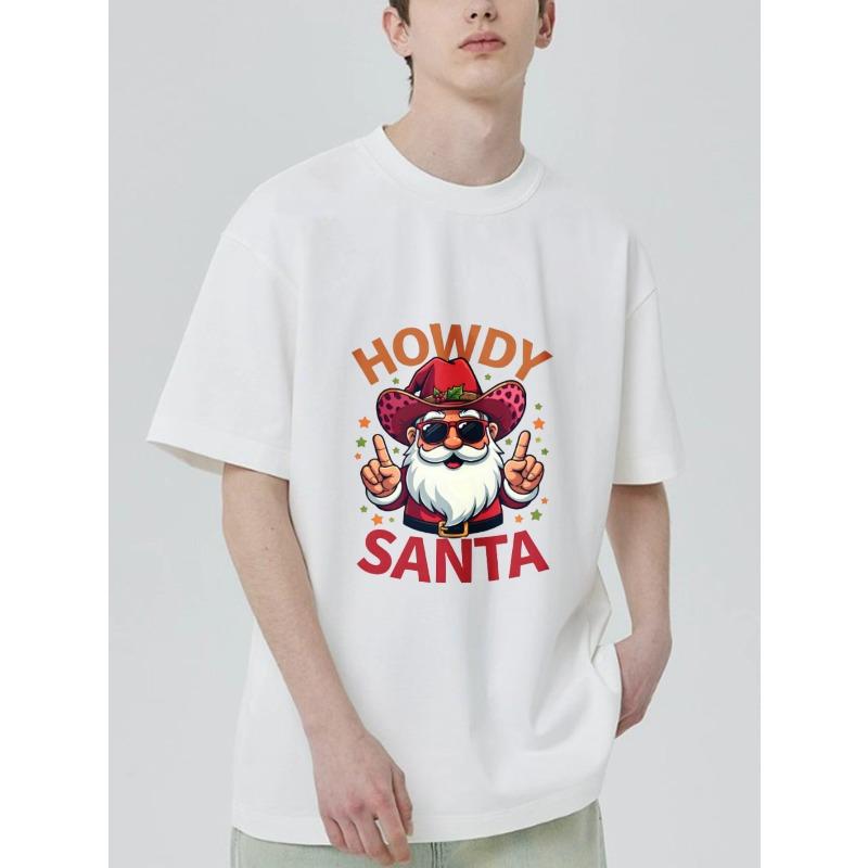 Crew Neck T Shirt Black Howdy Santa Cowboy Santa with Sunglasses and Hat Christmas Holiday Party Wear