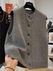 Women's Dark Grey European Style Sleeveless Sweater Vest - Autumn/Winter Knit Cardigan with Round Neck