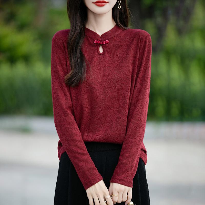 

Осень и зима Новый китайский Женский трикотажный топ с пуговицей на пластине Мягкая рубашка в стиле ретро XXL темно-красного