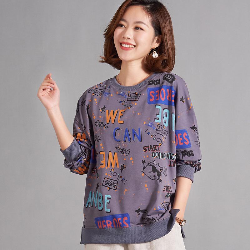 

Распродажа Весенняя Свободного Кроя Футболка с Круглым Вырезом и Принтом для Женщин Среднего и Пожилого Возраста - Чистый Хлопок, Слим-Свитшот Medium серый