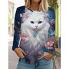 2025 Autumn and Winter Women's Long Sleeve 3D Printed Cute Cat T-Shirt, Streetwear, Round Neck Long Sleeve