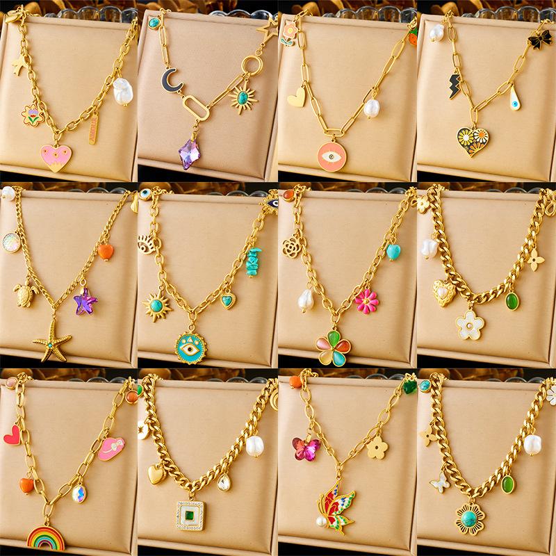 Trendy Rainbow Dopamine Resin Flower Pendant Eye Butterfly Chain Necklace