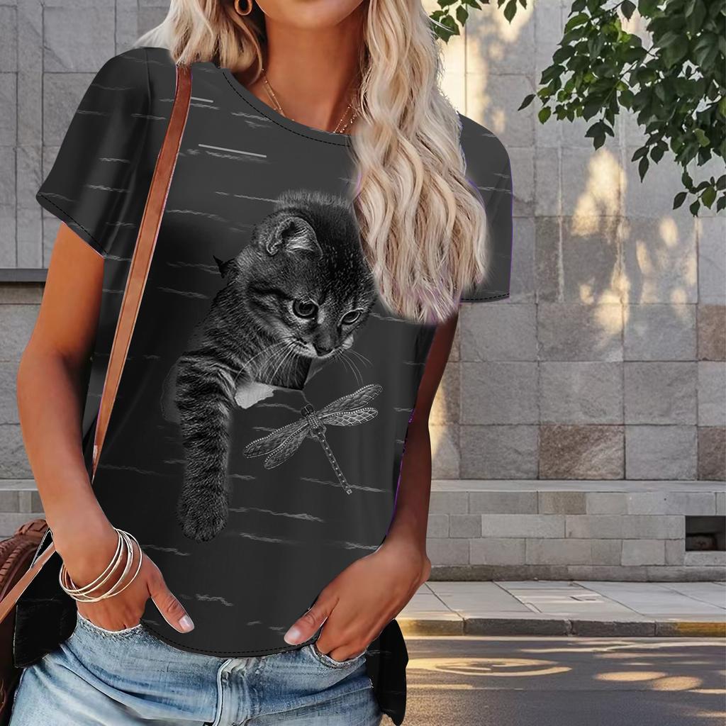 Femei vară T tricou Kitty imprimare retro la modă mânecă scurtă tricouri casual imprimate topuri