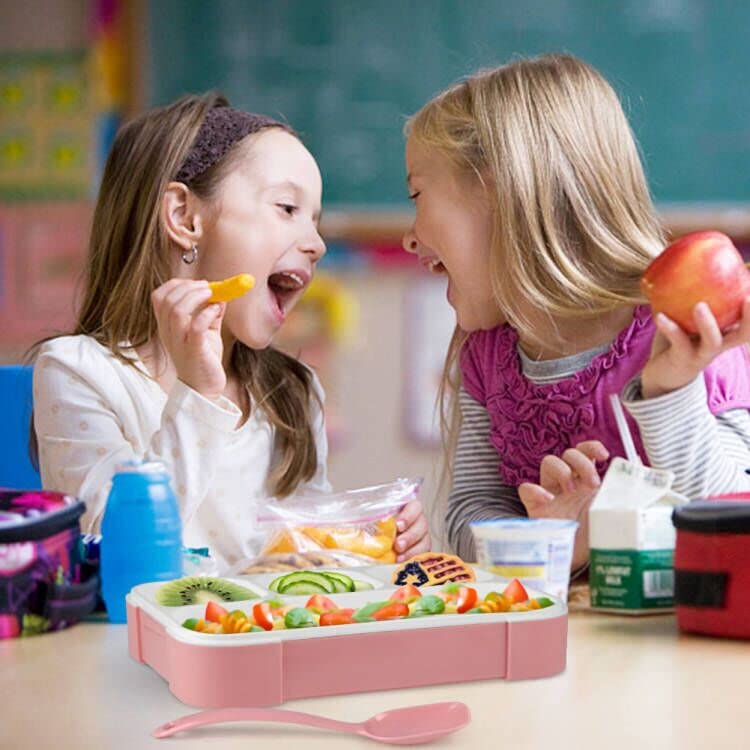 NatraProw Leakproof Lunch Cute Snack Box for Adults and Includes 4-Compartment Box, Kids, Utensils, BPA-Free, Microwave-Safe (Pink)