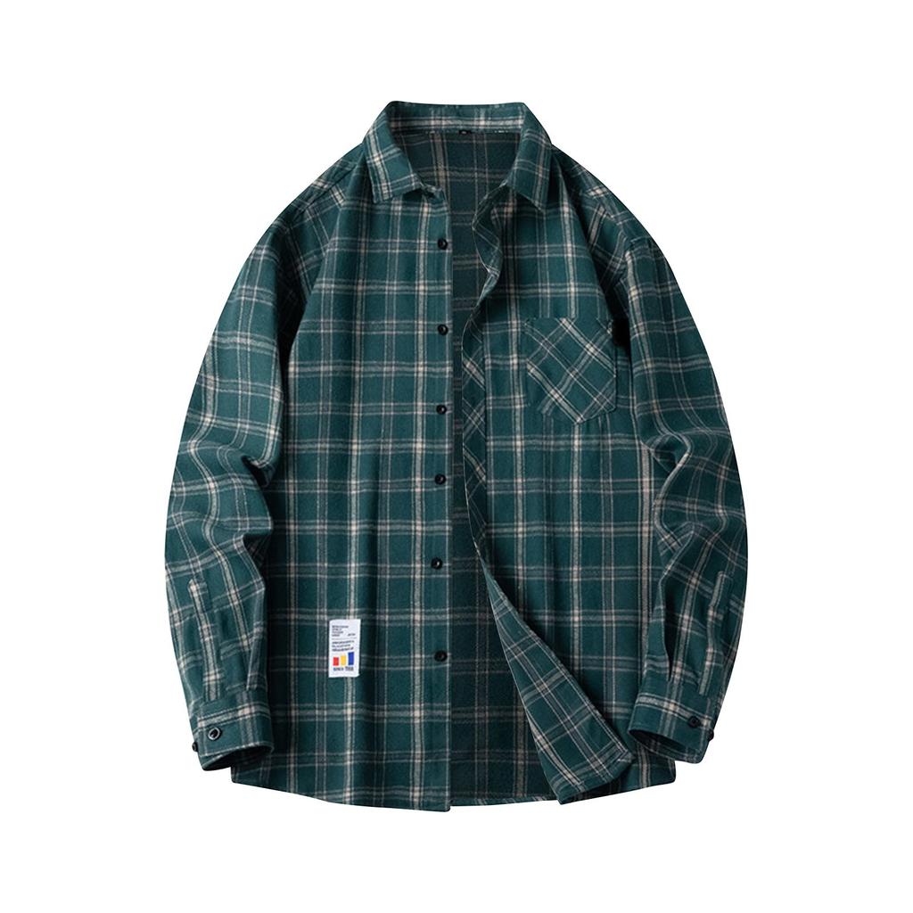 Men's Spring Plaid Trendy Fashion Loose Drop Shoulder Stand Collar Long Sleeve Shirt