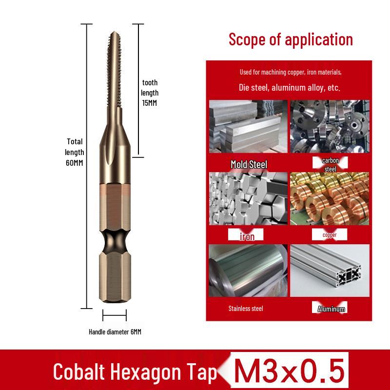 

Hex Shank Electric Drill Tap Bit for Threading and Self-Tapping: Sizes M3, M4, M5, M8