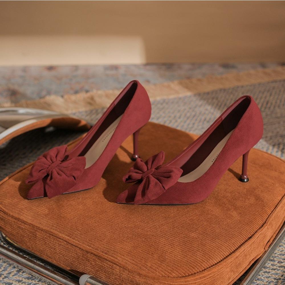 Pointed Head Shallow Mouth High Heels Classic Women's Shoes Head Flower Black Velvet Versatile High Heels Red Single Shoes