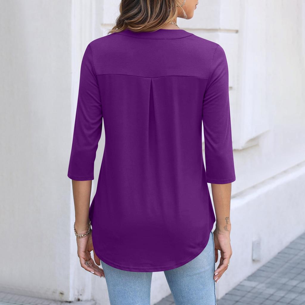 Women's Casual Fashion Polo Collar Half Zip Three Quarter Sleeve Top with Faux Pockets Relaxed Fit Lightweight Blouse