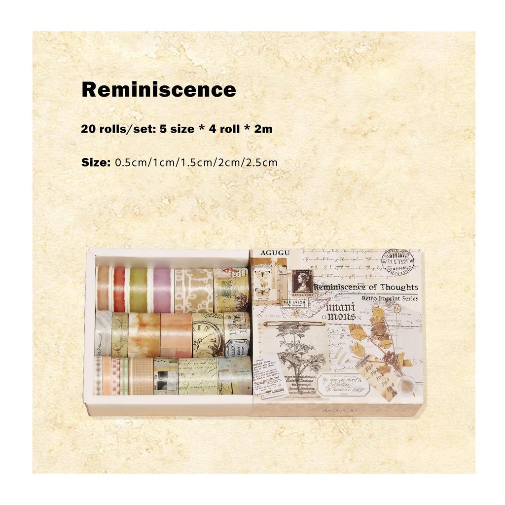 20pcs Vintage Imprint Washi Tape Set Retro Style Letters Art Adhesive Masking Tape Stickers for Album Diary Decoration