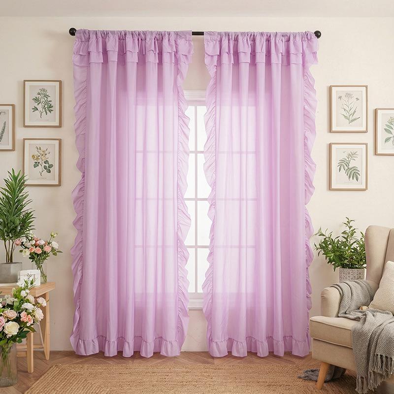 Finished Simple Wind Solid Color Curtain Curtain Dream Ruffle Leaf Edge Translucent Thin Window Screen