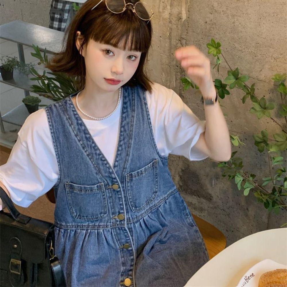 V-neck Denim Camisole Dress Pleated Sleeveless Short Dress Elegant Cowboy Strap Dress  Beachwear