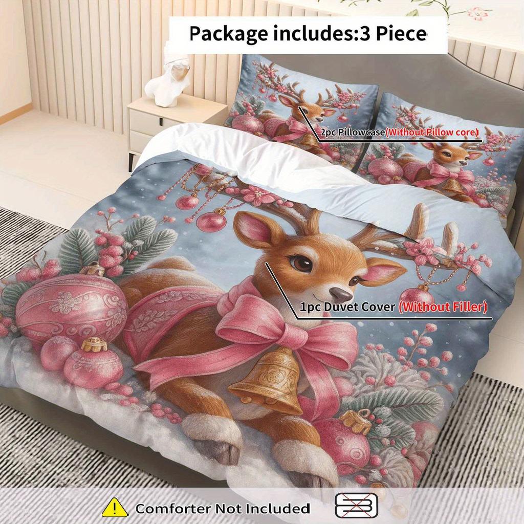 Comforter 3Pcs 1 Duvet+2 S Pink Christmas Deer Winter Snow Scene Theme Christmas Bedding Set Queen King Size