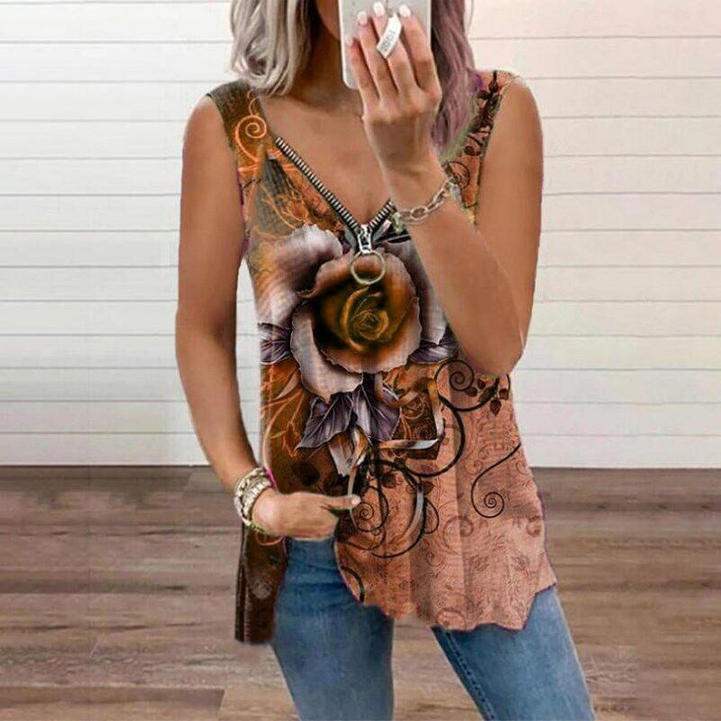 Women Summer Rose Print Zippered V-neck Sleeveless Casual Vest T-shirt
