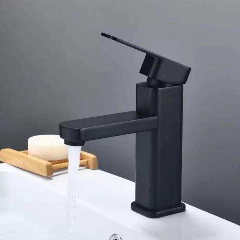 Square Bathroom Sink Faucet Modern Black Finish Single Handle Mixer Tap Hot Cold Water Control Corrosions Resistant
