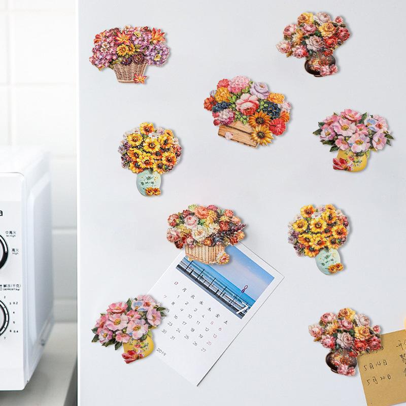 Magneți de frigider cu flori creative, pictură în ulei, flori, magneți pentru decorarea frigiderului, autocolante magnetice cu trandafir de floarea soarelui