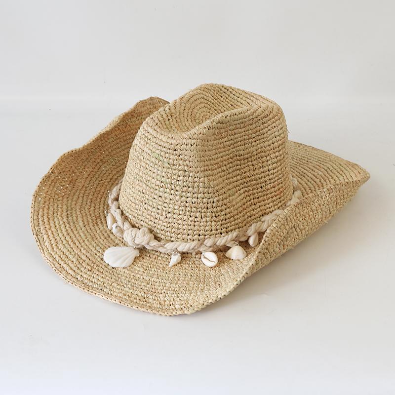 

Summer Raffia Wide Brim Cowboy Hat Outdoor Sun Protection Natural Straw Hat Hand Crochet Raffia Cowboy Chain Sun Hat L 59-61cm бежевий