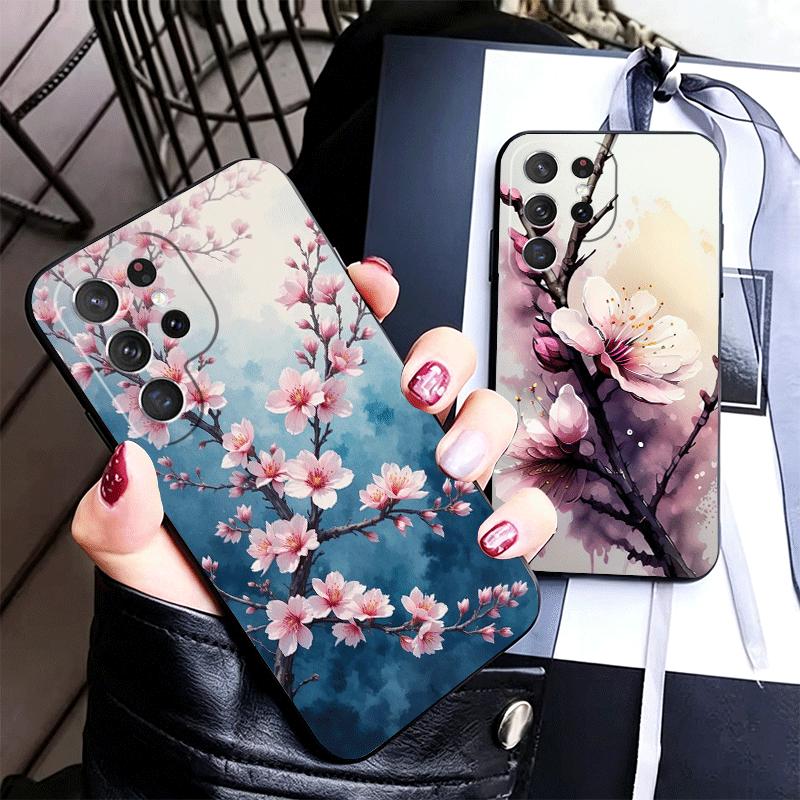 Cherry Blossom Sakura Fashion Soft Phone Case for Samsung Galaxy S26 S25 Edge S24 Ultra S23 Plus S22 S21 FE S20 Black Cover Back
