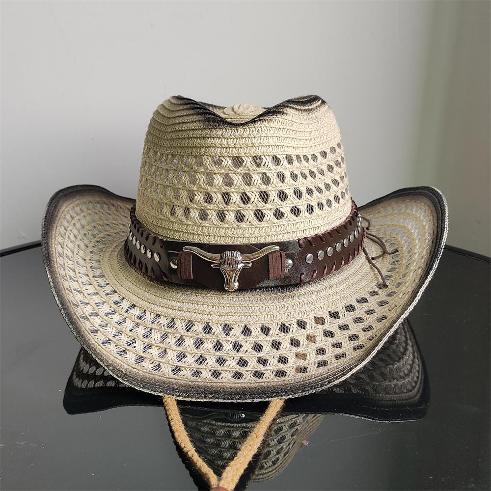 Freedom Outdoors Women's Holllow Cowboy Straw Hat Men Summer Handmade Vintage Hollow Western Brim Sun Protection Fisherman Mountaineering Bohemian 56-58Cm